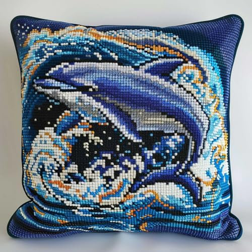 RKFLGEW Knüpfhaken-Kissen-Sets, Cartoon-Delfin-Tier, 3D-Kissen-Materialpaket, Knüpf-Stick-Sets, Diy-Teppichkissen, Häkel-Kissenbezug Für Zuhause 43x43cm