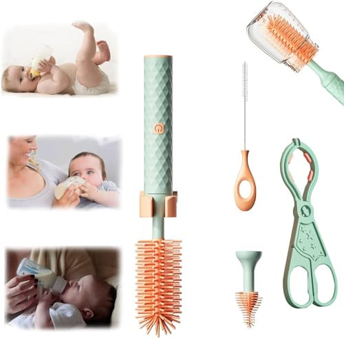 Toph Bottle Brush,Toph Cleaning Brush for Bottles,Bottle Brush Long Handle,Bottle Washer Brush,Electric Bottle Brush Set,Bottle Brush Electric,Electric Baby Bottle Brush Set (Green Four-piece Set)