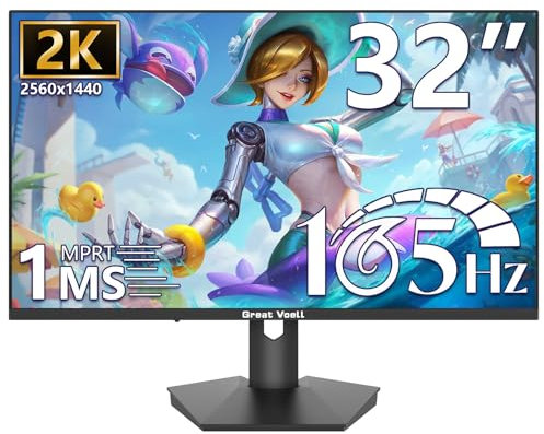 Great voell 32 Zoll Flach Gaming Monitor, 2K QHD 165Hz, 1ms, HDR10, AMD FreeSync, 4000:1 Kontrastverhältnis, VESA Montage, HDMI DP