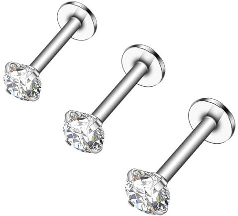 PBAHAUP Piercing Tragus Helix 3 Pièces Interne Filetage Lèvre Anneau Transparent Cartilage Tragus Helix Monroe Piercing Stud Jewelry Acier Inoxydable Hypoallergénique Argent