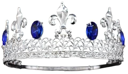 Retro Herren Metall Runde Krone König Ornament Royal Cosplay Requisiten für Hochzeit Abschlussball Geburtstag Party Festzug Kostüm (Silber Blau)
