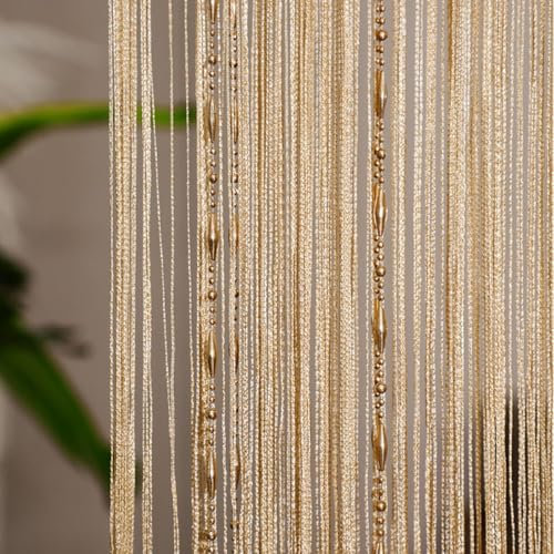 MObyat Cortina De Hilos Cortina De Hilos 100x200cm Mosquitera, Cortina De Hilos para Balcon, Cortinas Decorativas De Hilos con Borlas para Puertas O Ventanas(Gold)