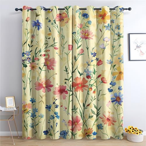 SZLYZM Vorhänge Wildblumen, Verdunkelungsvorhang 2er Set - Vorhang Blickdicht Geblümt Botanisch Muster, Thermovorhang für Deko Wohnzimmer Schlafzimmer, Gardinen mit Ösen 137x117 cm (HxB)