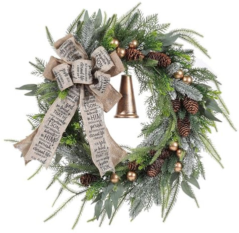 Corona para puerta de Navidad, 45 cm, decoración navideña para puerta de casa con campanas, corona de Navidad artificial, decoración para interior y exterior