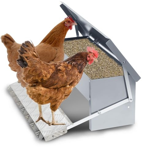 2x Fiqops Futterautomat Hühner 5KG Futterspender Futtertrog mit Automatisches Pedal und Wasserfest Decke Hühnerfutter für Geflügel, Wasserdicht und rattensicher