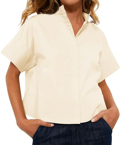 Cicy Bell Womens Cropped Short Sleeve Button Down Shirts Pleated Summer Dressy Casual Blouse Stand Collar Loose Fit Tops Beige