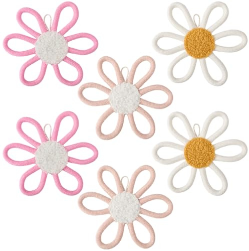 craspire 6 Stück 3 Farben Gänseblümchen Wanddekoration Fürs Kinderzimmer Gewebte Blumen Wandkunst Baumwolle Gewebt Makramee Boho Blumen Schild Böhmisches Wandbehang Dekorationen Für Zuhause