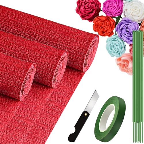 3 Rollen Krepppapier Rot 25x250cm, Crepe Papier für Handwerke, Krepppapier für Geburtstag, Hochzeiten, Valentinstag-Dekorationen (Rot)
