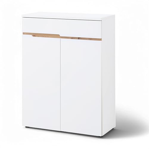 MEMPHIS Schuhschrank Schuhregal Weiß Artisan Eiche Optik 80 x 107 x 38 cm | Schuhkommode mit 2 Türen, 3 verstellbaren Fachböden und einer Schublade, viel Stauraum, moderne Griffleisten