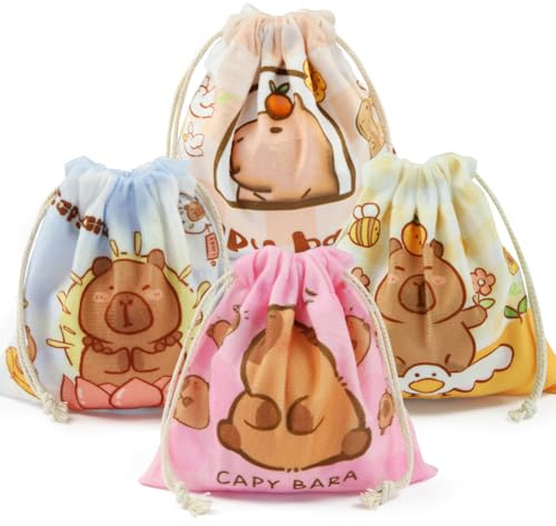 Paquete de 4 bolsas pequeñas de doble cara con cordón Capybara de 14 x 16 cm, bonitas bolsas de almacenamiento de maquillaje para cosméticos, bolsas de regalo pequeñas de tela para viajes, accesorios