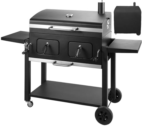Large Charcoal BBQ Barbecue Grill with Side Tables, Barbeque Grill Outdoor Waterproof Cover, Dual Height Adjustable Charcoal Trays & Temperature Gauge Barbecues Smoker