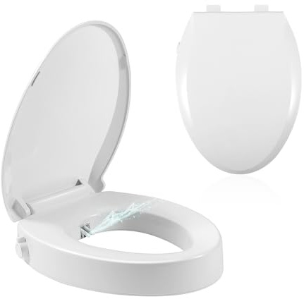 TOIRP Bidet Toilettensitz Länglich, Erhöhter Toilettensitz mit Bidet Einstellbarer Wasserdruck mit Doppeldüsen, Nicht Elektrischer Bidet Toilettensitz Erhöhungen für Senioren (Umgebungswasser), Weiß
