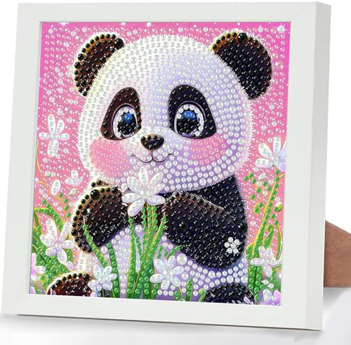 GHHKUD Panda Diamond Painting Kinder mit Rahmen, 5D Diamond Painting Bilder Erwachsene, Diamant Malerei Set Geschenk für Kinder und Mädchen ab 6 8 10 Jahren, Diamant Art Home Decor(18x18cm)