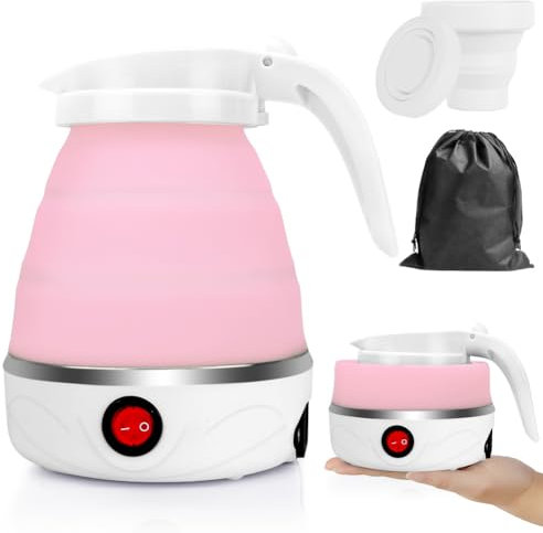 LOMUG Hervidor de Agua Plegable 600 ml Mini Hervidor Eléctrico de Silicona Portátil para Camping, Pequeño Plegable de Viaje con 2 Vasos Plegables, Base de Acero Inoxidable para Viajes, Exteriores