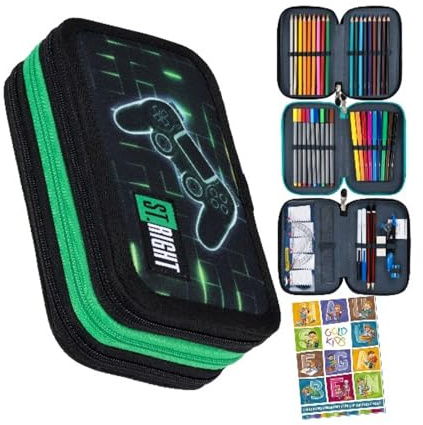 Goldkids - Federmäppchen 3 Fächer - Mäppchen für Mädchen und Jungen - Federmappe 3-Fach Federtasche 46-teilig Gefüllte Schüleretui Hausaufgabenheft - Gamepad Motiv