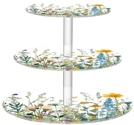 Blueangle 3-Tier Round Cupcake Stand – Colorful Herbs and Flowers Acrylic Dessert Tower, Non-Slip Tiered Dessert Stand for Baby Shower, Birthday, Wedding Party （386）