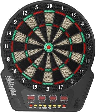 Bersaglio elettronico per freccette 27 giochi, 4 display LED, 24 freccette e 243 opzioni per 16 giocatori, prompt vocali, per casa, bar, ristorante