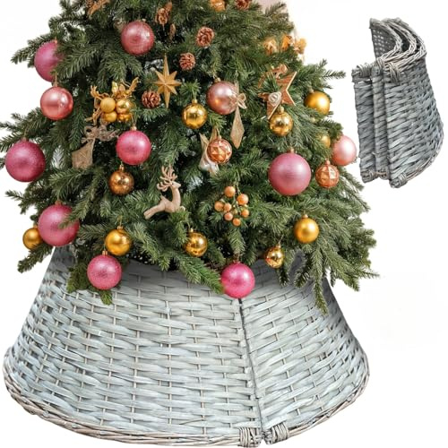 Wicker Christmas Tree Skirt - Large 60cm Foldable Woven Tree Collar Basket Base, Natural Willow Stand Cover for Home & Office Decoration Fits 6ft and Below Trees