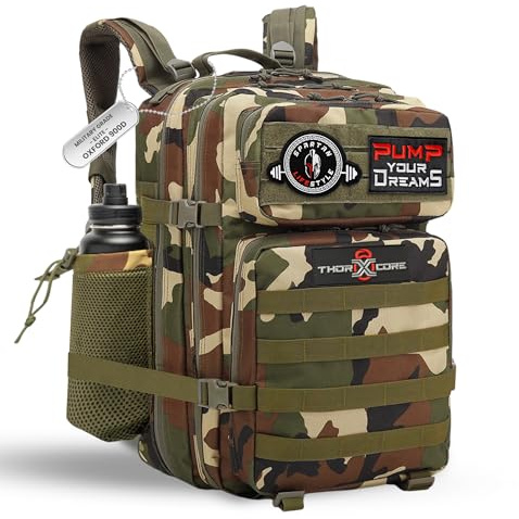 THORXCORE Zaino CrossFit | Zaino Tattico Militare 45L Impermeabile, Multitasche, per Palestra, Campeggio, Escursione o Viaggio – Robusto e Personalizzabile con Patch Inclusi (Camouflaje2)