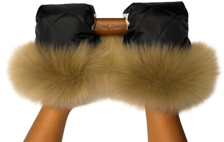 Luxury Baby Pram Mittens, Black Quilted with Sheepskin Fur Trim, Winter Hand Warmers for Stroller Gloves