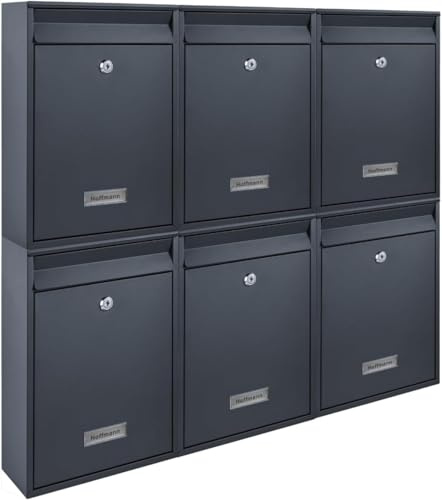 Zedelmaier 6er Briefkastenanlage mit Namensschildern nach Wunsch, Anthrazit | Robuste 6er Wandbriefkastenanlage 26x35x8,5cm mit Wunsch-Namensschildern, DIN C4, 4 Schlüssel – Mehrfamilienhäuser