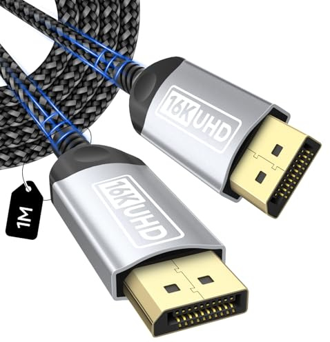 layajia Câble DisplayPort 2.1 16K 1M, Câble DP vers DP Supporte 16K@30Hz 8K@240Hz 4K@240Hz, 80Gbps, HDCP 2.3, HDR DSC 1.2a MST FreeSync G-Sync pour TV PC Carte Graphique Moniteur
