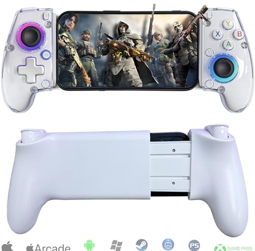 Megadream Mobile Gaming Controller for iOS/Android/Switch/Switch2 with Turbo, RGB Light, 6-Axis Gyroscope, Wireless Streaming Gamepad for Xbox/PS3/PS4/PC, Cloud Gaming - White