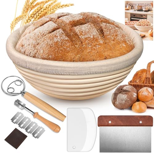 Sauerteig Starter Set 6-Teilig, 22.5cm Gärkörbchen Aus Naturrattan Mit Leinenbezug – Brotbackzubehör Inklusive Teigschaber, Teigkarte, Bäckermesser, Dänischer Teigbesen – Brotbackset Für Hobbybäcker