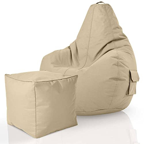 Green Bean 2er Set Sitzsack mit Rückenlehne + Hocker eckig - Gaming Chair, EPS-Perlen Füllung, Waschbar, Wetterfest - Gemütlicher Lounge SitzHocker eckig für Indoor und Outdoor in Beige