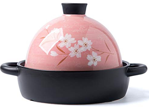 8.7Inch Home Tagine Pot, Ceramic Cast Iron Japanese-Style Cherry Blossoms Tagine Pot Casserole Slow Cooker for Cooking Healthy Food, 1.9L