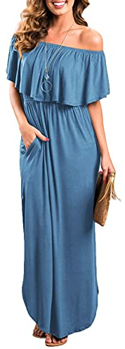 Sarin Mathews Womens Dresses Off The Shoulder Summer Ruffle Party Dresses Side Split Beach Long Maxi Dress with Pockets FogBlue XL