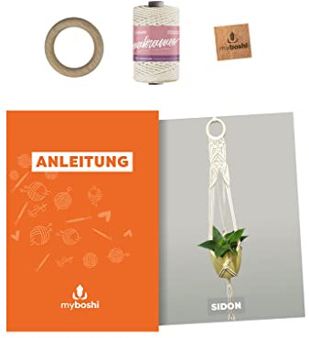 myboshi Makramee-Set Blumenampel Sidon, inkl. Makramee-Kordel, Holzring und Anleitung, 4mm geflochten, Made in Germany, 100% Baumwolle Natur, mit Anleitung