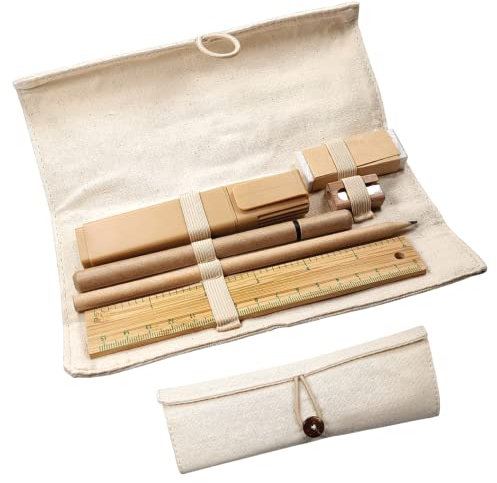 Schreibset ECO, umweltfreundliches Schreibset aus Leinen, Karton und Bambus, mit Rolletui, Schreibwaren-Set: Lineal, Bleistift, Stift, Anspitzer, Radiergummi, Textmarker, Leinen und Karton