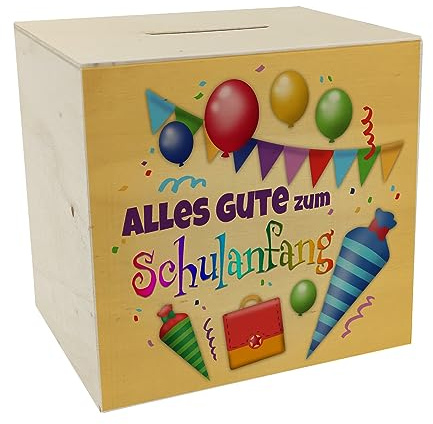 Alles Gute zum Schulanfang Spardose aus Holz zur Einschulung als hübsche Geschenkidee für Jungen und Mädchen die endlich in die Schule kommen und Sich darauf freuen