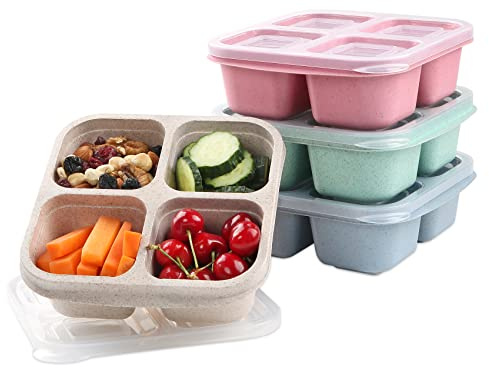 Lvcksturoge 4 Pack Snack Containers, 4 Compartments Bento Snack Box, Reusable Meal Prep Lunch Containers for Kids Adults, Divided Food Storage Containers for School Work Travel
