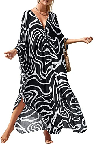Bsubseach Damkaftan, strandklänning, cover up för badkläder, i plusstorlek, med djurtryck, resortklänning, En Storlek