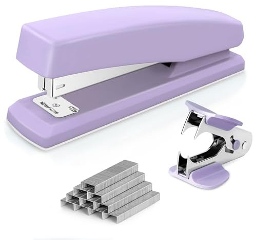 Deli Heftgerät, Desktop-Heftgerät,Büroheftgerät, Kapazität von 25 Blatt, inklusive 1000 Heftklammern und Heftklammernentferner, Violett