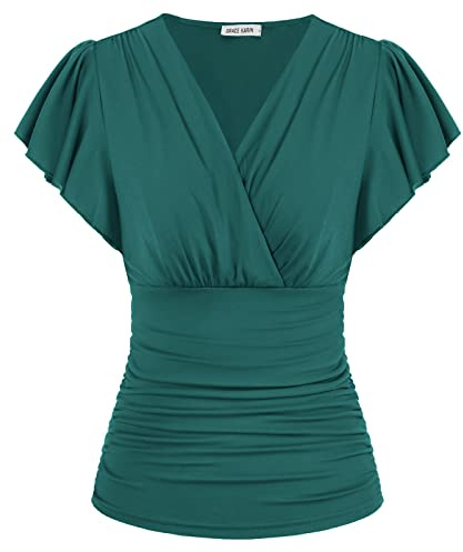 GRACE KARIN Damvolang, blus, v-ringad, kortärmade toppar, elegant veckad topp, slim fit, omlottblus, Blå grön kortärmad, L