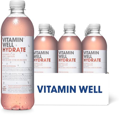 Vitamin Well Rhubarb & Strawberry Flavouredwater– Packed with Vitamin C, D, Zinc, Biotin, Low Calorie – 12 x 500ml (HYDRATE)