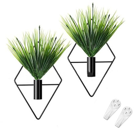 JOSON 9.8-inch artificial plant suspension seeder, equipped with 2 modern geometric wall decorations and indoor plant support, suitable for home, living room, and office decoration (black)