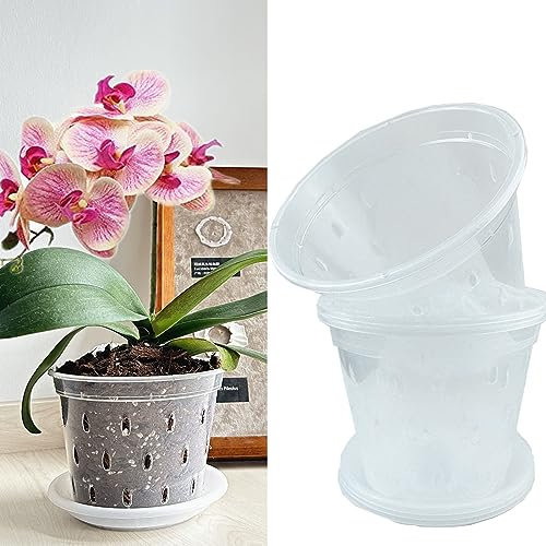 DESOMINOR Lot de 4 pots à orchidée transparents de 12,2 cm, 14,2 cm, 17,8 cm avec trous et soucoupes, pots de fleurs pour kit de rempotage d'orchidées (4, 14,2 cm avec soucoupe)
