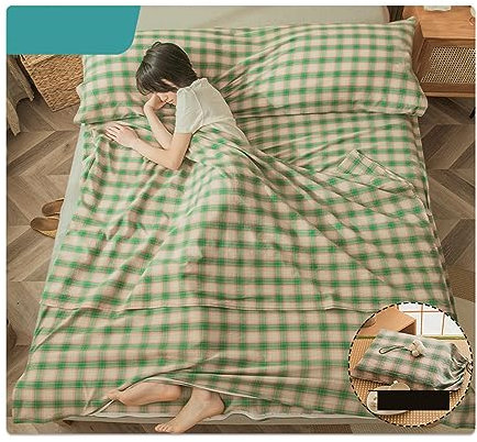 RUZGAR Hüttenschlafsack aus 100% Gewaschene Baumwolle Karierte Streifen Hüttenschlafsack mit Reißverschluss Leichter Einfach Doppelt Schlafsack Innenschlafsack(Green B,200x210cm-78x82)