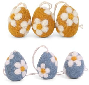 Gry & Sif Osteranhänger, Ostern, Filzeier, Osterdeko, Frühlingsdeko aus Filz, Handmade, Fairtrade | Ostereier, Gelb und Blau mit Margeriten, 6er Set