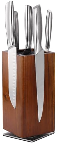 Magnetic Knife Block without Knives, 360°Rotatable Knife Holder With with Four Sided Magnets & Non-Slip Base,Kitchen Acacia Wood Universal Magnetic Knife Storage Rack with Bristles (Brown)