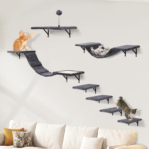 Katzen kletterwand Set mit Katzenbaum Hängematte Wandelemente für Katze | 7-Teiliges, Katzenbrücke Kratzbrett Katzen Katzentreppe 18 kg Multiplexplatte Catwalk Wandmontage Wall Climbing XXL Rauchgrau