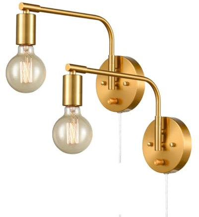 LOGT 2 Stück Innen Wandleuchte Retro, Wandlampe E27 mit Schalter und Stecker, Vintage Industrial Metall Nachttischlampe mit Kabel, Rustikal Wandbeleuchtung für Wohnzimmer, Schlafzimmer, Büro,Gold