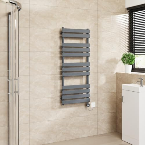 Warmehaus Flat Panel Electric Towel Rail Touch Screen Grey 1200x500mm | Timer, Thermostatic, Mild Steel, 3 Operating Modes, LCD Display, Dual Fuel, Bathroom Ladder Radiator, Prefilled
