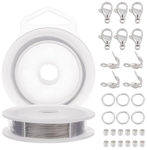 BENECREAT 15m 49 Stränge Perlendraht-Set, 0.38mm Edelstahl-Tigerschwanzdraht, Metall Basteldraht Mit Karabinerverschlüssen Sprungringe Kalotten Quetschperlen Zur Schmuckherstellung