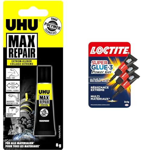 UHU Max Repair Extrême - Colle extra forte tout support, flexible, transparente, idéale pour le bois & Loctite Super Glue-3 Power Gel Mini Dose, colle forte enrichie en caoutchouc