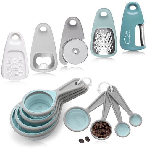 Kitchen Gadgets Set 13 Piece, Space Saving Cooking Tools Includes Cheese Grater, Pizza Cutter, Peeler, Bottle Opener, Garlic Grinder, Collapsible Measuring Cups Spoons for Small Kitchen RV Camp